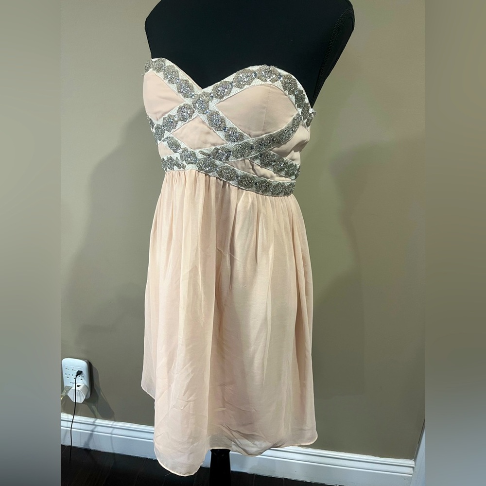 MINUET baby pink strapless mini dress with silver sequin and crystal beads
